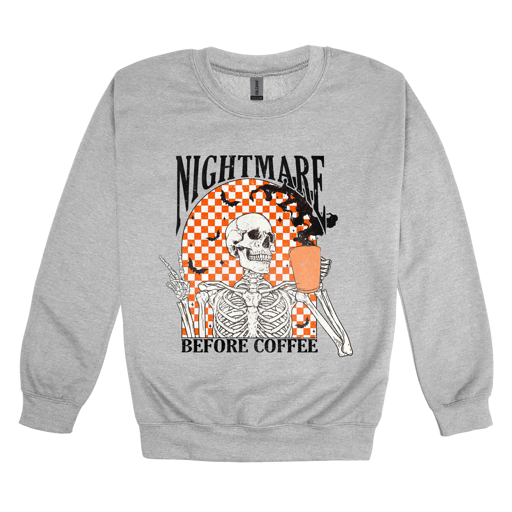 Nightmare Before Coffee Apparel design on adult crewneck in gray, front view.