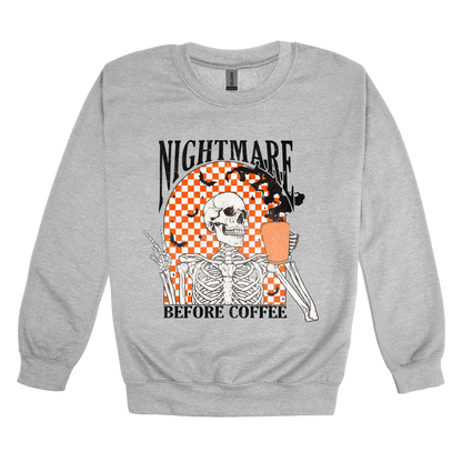 Nightmare Before Coffee Apparel design on adult crewneck in gray, front view.