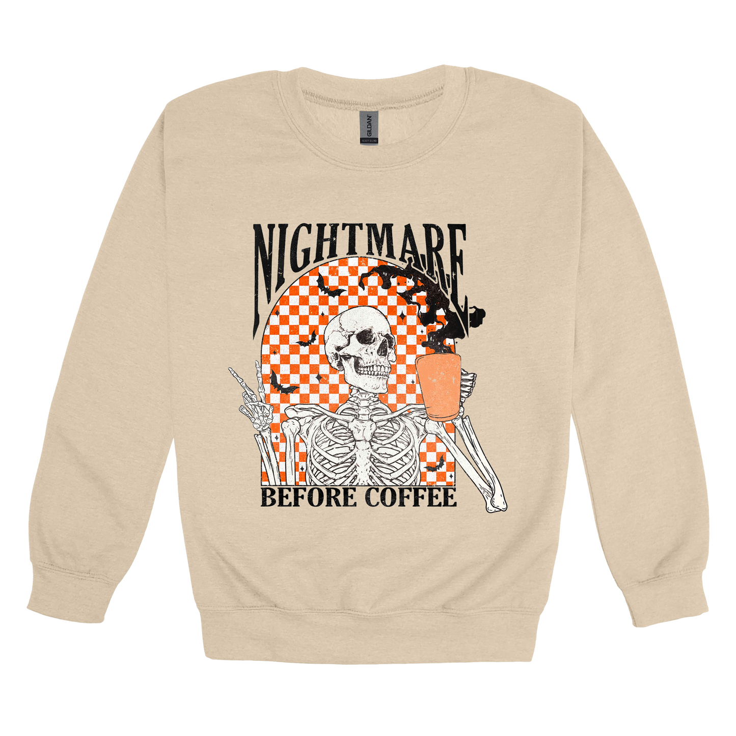 Nightmare Before Coffee Apparel design on adult crewneck in tan, front view.