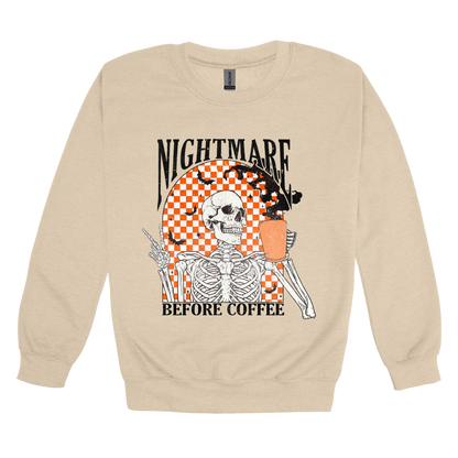 Nightmare Before Coffee Apparel design on adult crewneck in tan, front view.
