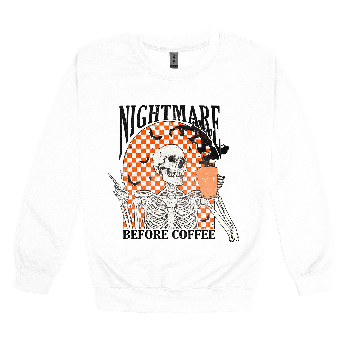 Nightmare Before Coffee Apparel design on adult crewneck in white, front view.