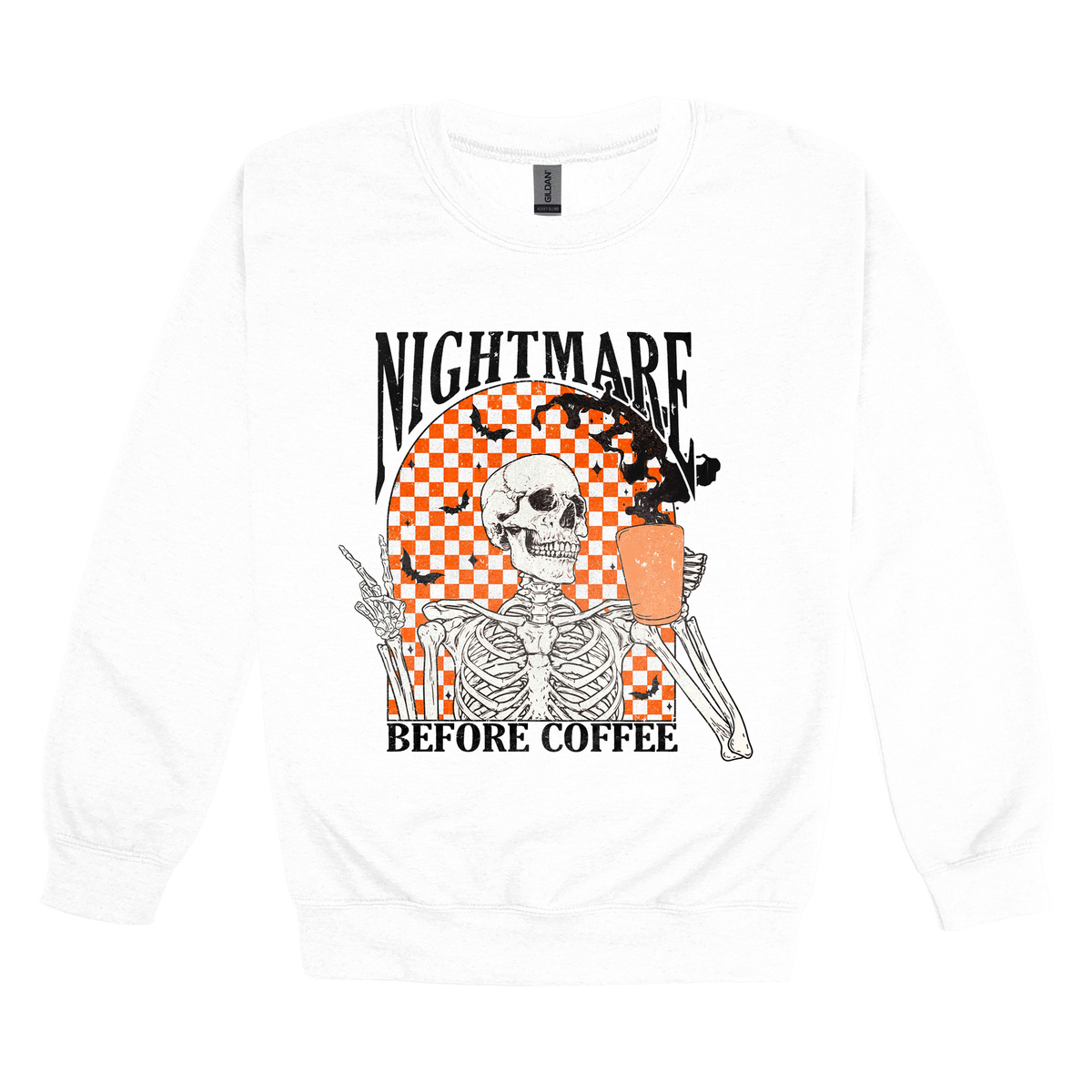Nightmare Before Coffee Apparel design on adult crewneck in white, front view.