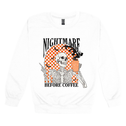 Nightmare Before Coffee Apparel design on adult crewneck in white, front view.