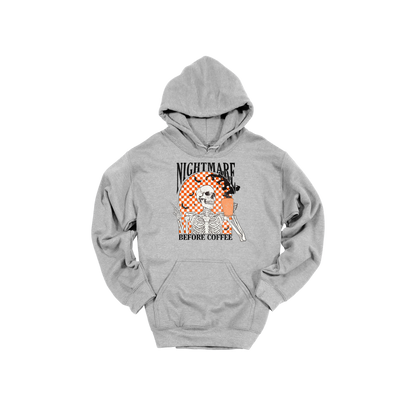 Nightmare Before Coffee Apparel design on adult hoodie in gray, front view.