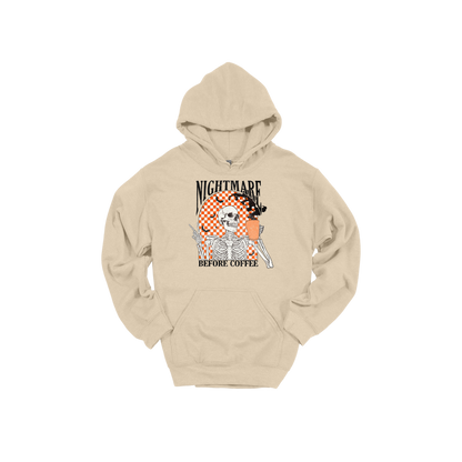 Nightmare Before Coffee Apparel design on adult hoodie in tan, front view.