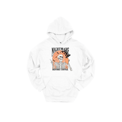 Nightmare Before Coffee Apparel design on adult hoodie in white, front view.
