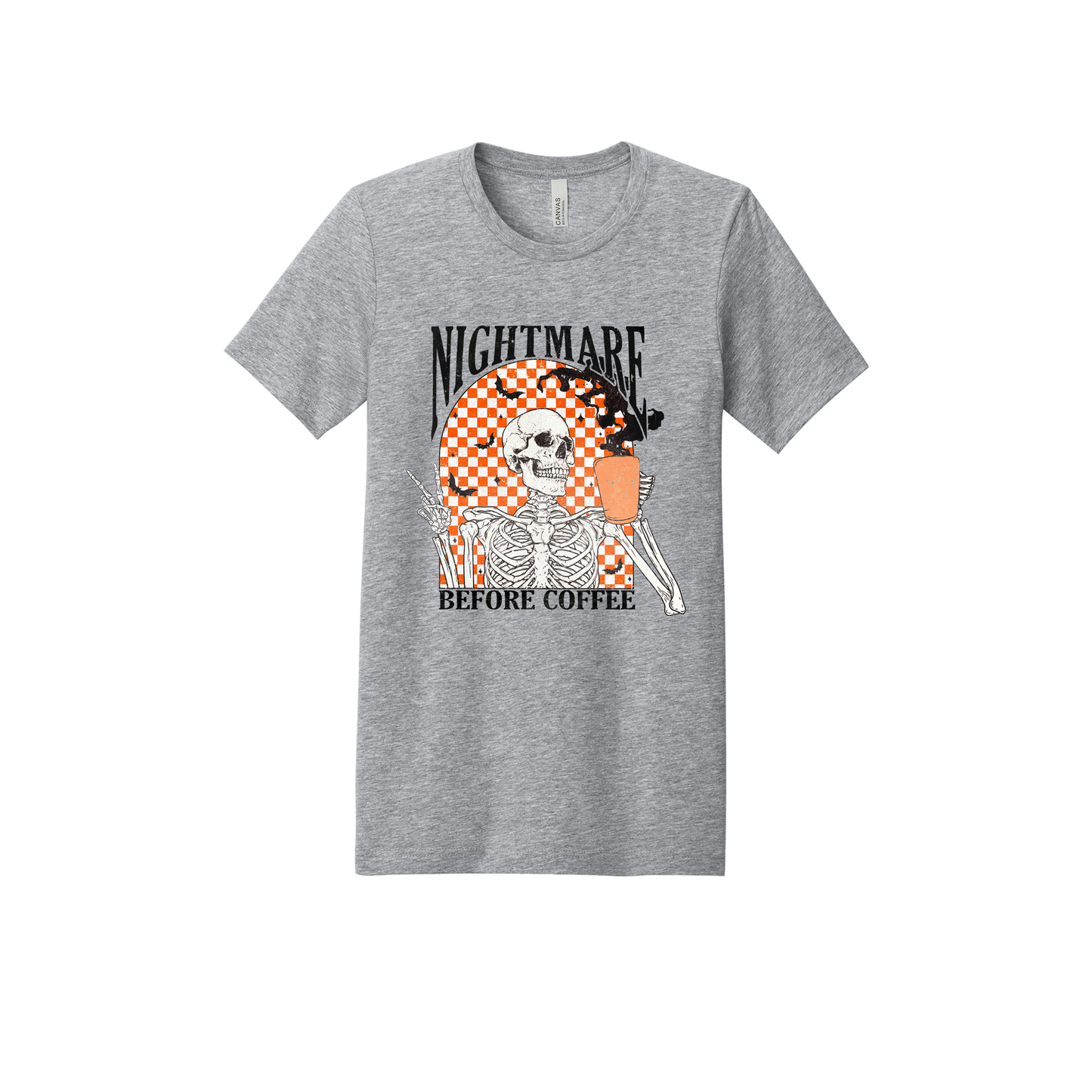 Nightmare Before Coffee Apparel design on adult tee in gray, front view.