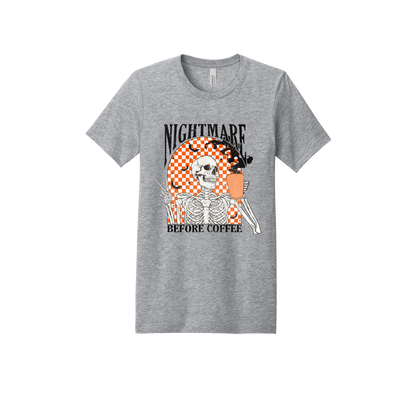 Nightmare Before Coffee Apparel design on adult tee in gray, front view.