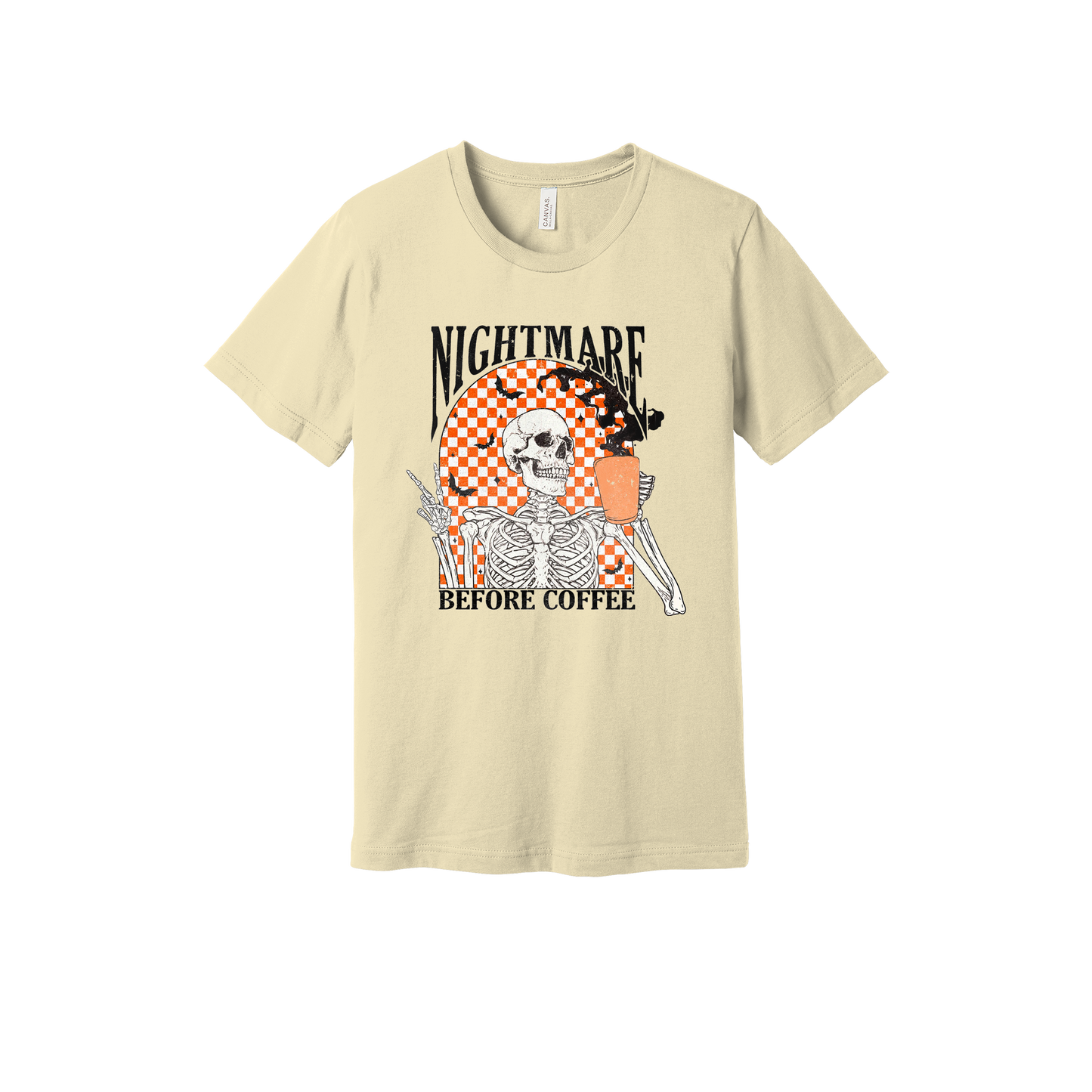 Nightmare Before Coffee Apparel design on adult tee in tan, front view.