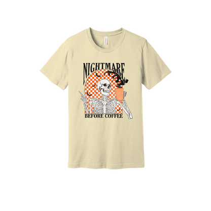 Nightmare Before Coffee Apparel design on adult tee in tan, front view.