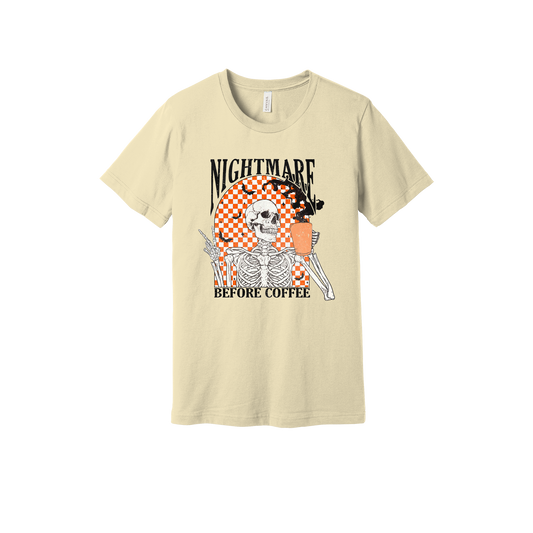 Nightmare Before Coffee Apparel design on adult tee in tan, front view.