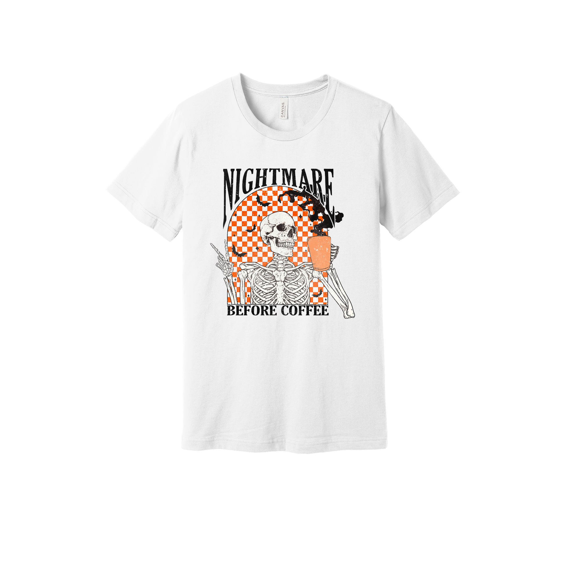 Nightmare Before Coffee Apparel design on adult tee in white, front view.