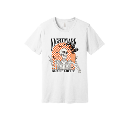 Nightmare Before Coffee Apparel design on adult tee in white, front view.