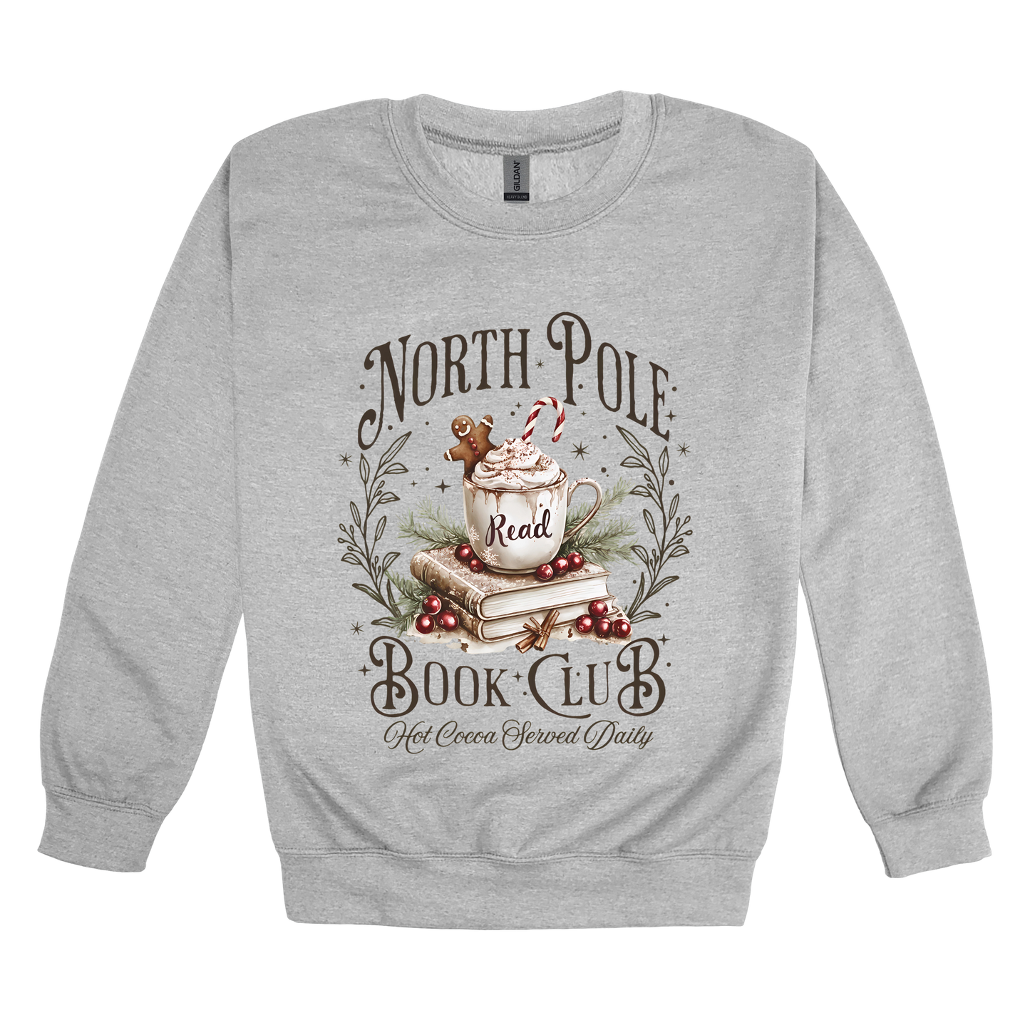 North Pole Book Club Apparel design on adult crewneck in gray, front view.