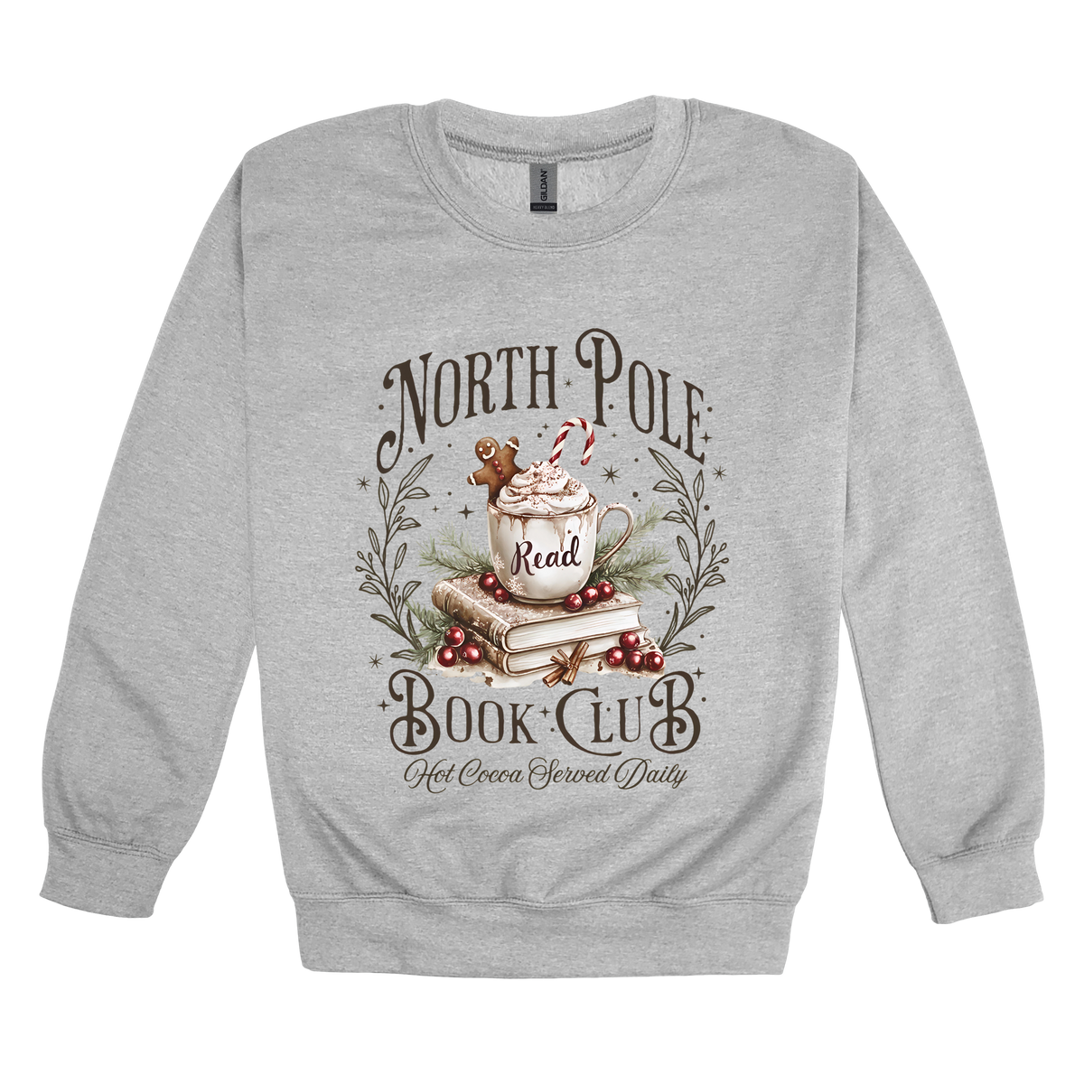 North Pole Book Club Apparel design on adult crewneck in gray, front view.