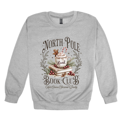 North Pole Book Club Apparel design on adult crewneck in gray, front view.