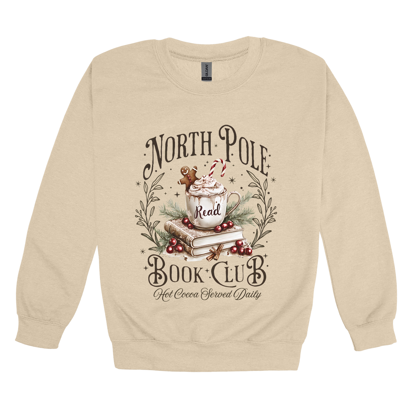 North Pole Book Club Apparel design on adult crewneck in tan, front view.