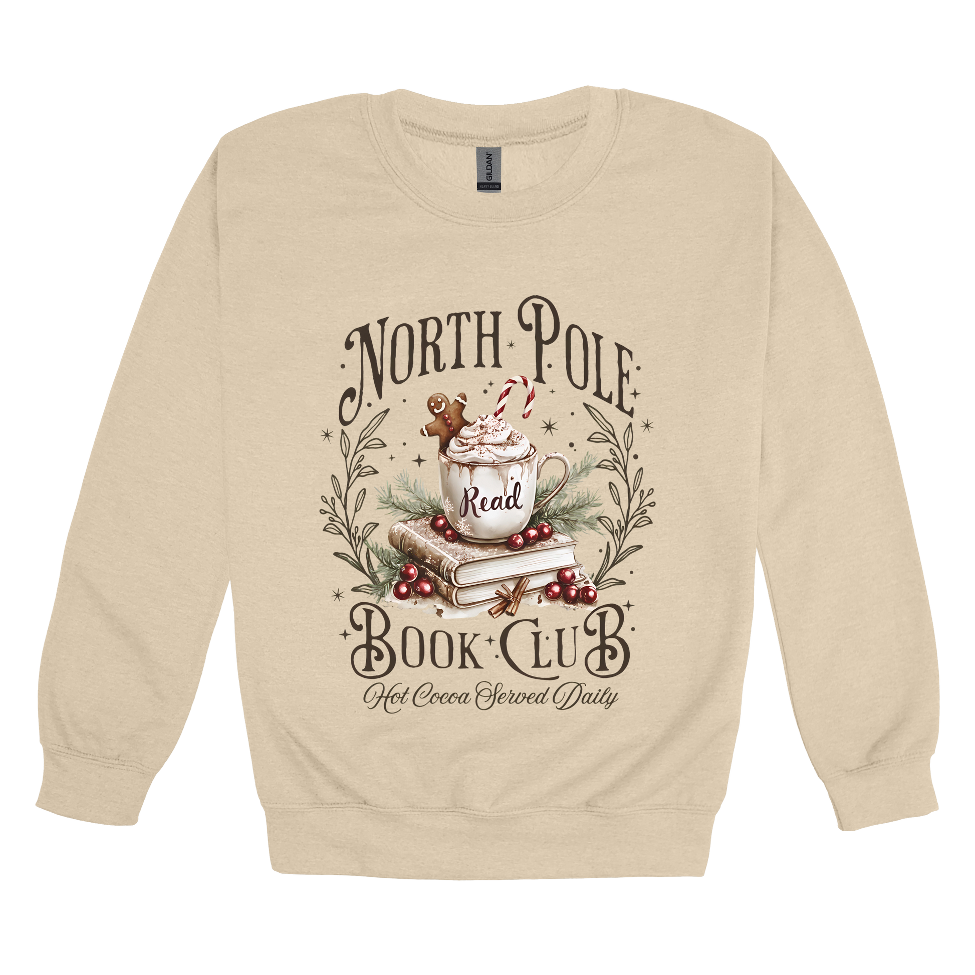 North Pole Book Club Apparel design on adult crewneck in tan, front view.