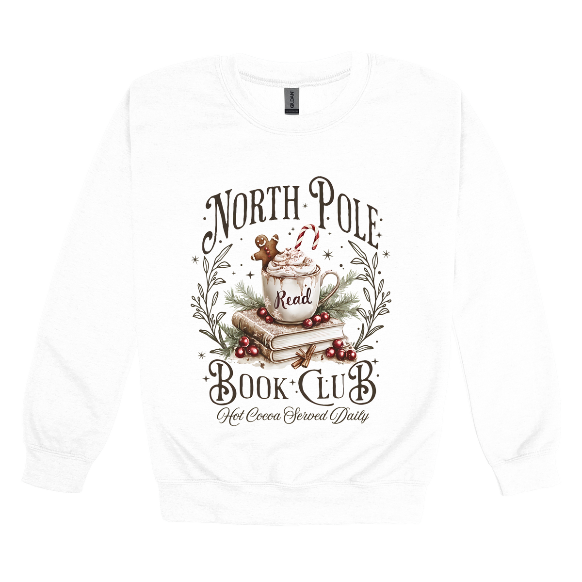 North Pole Book Club Apparel design on adult crewneck in white, front view.