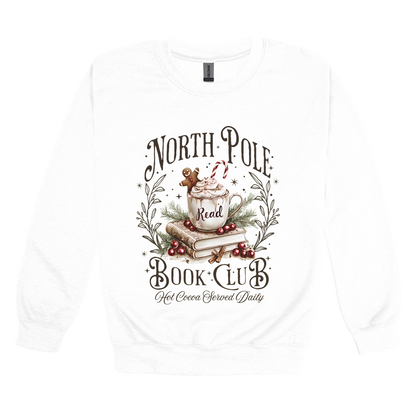 North Pole Book Club Apparel design on adult crewneck in white, front view.