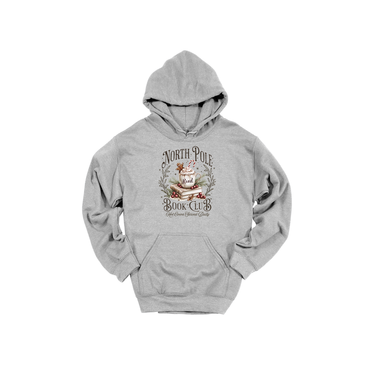 North Pole Book Club Apparel design on adult hoodie in gray, front view.