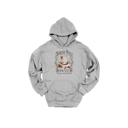 North Pole Book Club Apparel design on adult hoodie in gray, front view.