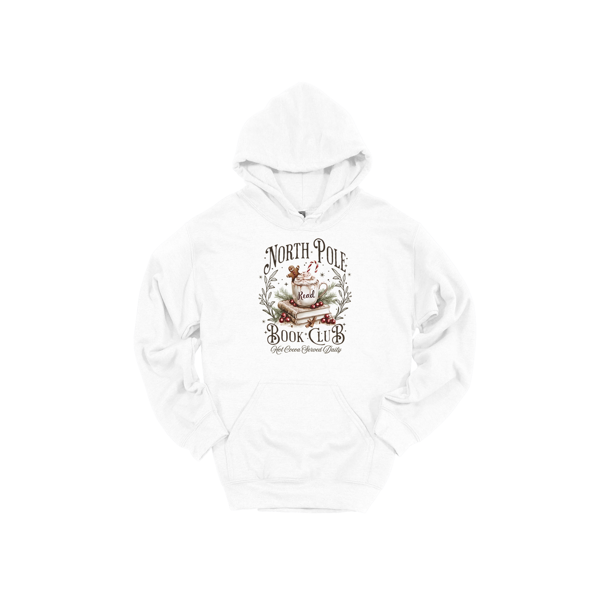 North Pole Book Club Apparel design on adult hoodie in white, front view.
