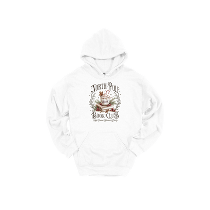 North Pole Book Club Apparel design on adult hoodie in white, front view.