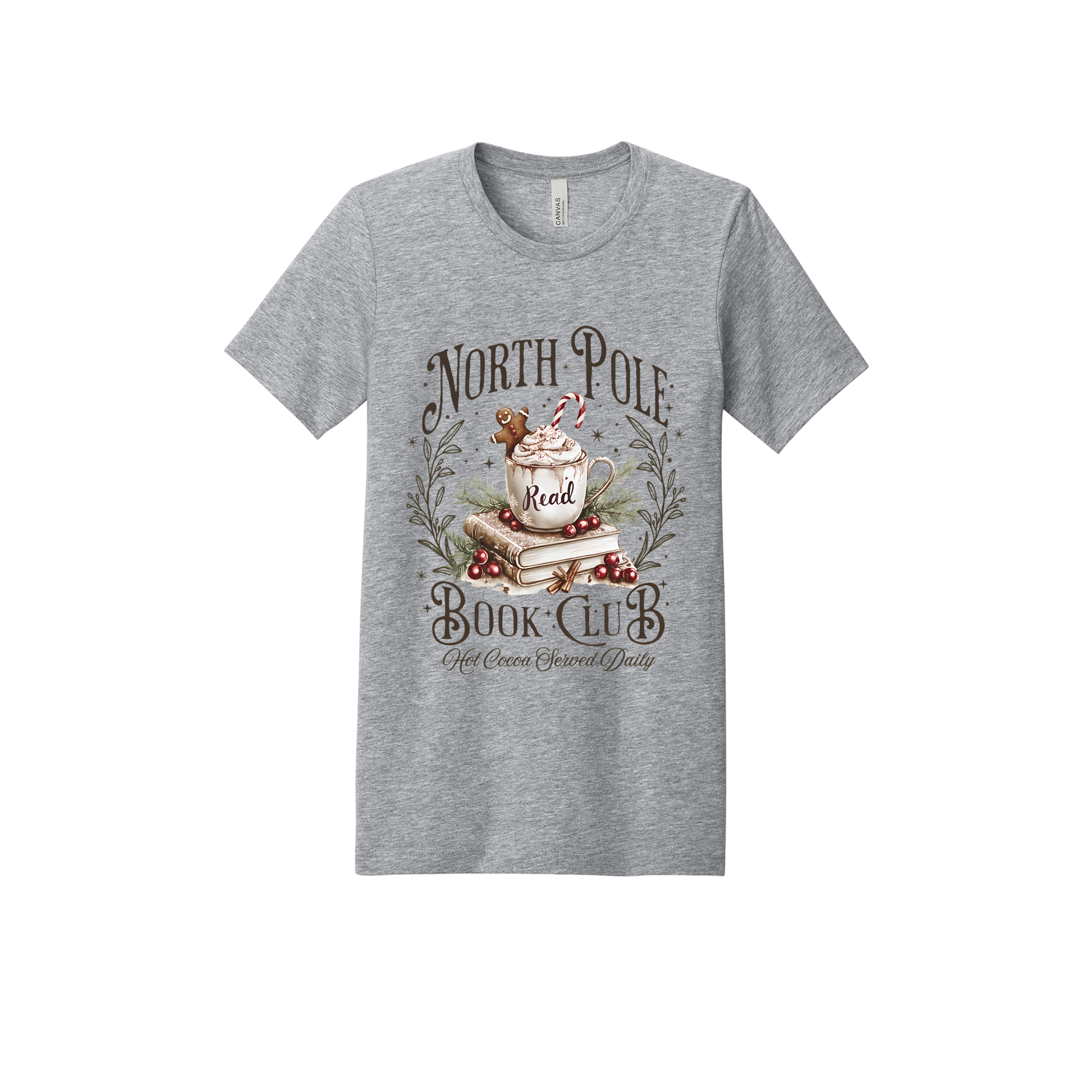 North Pole Book Club Apparel design on adult tee in gray, front view.