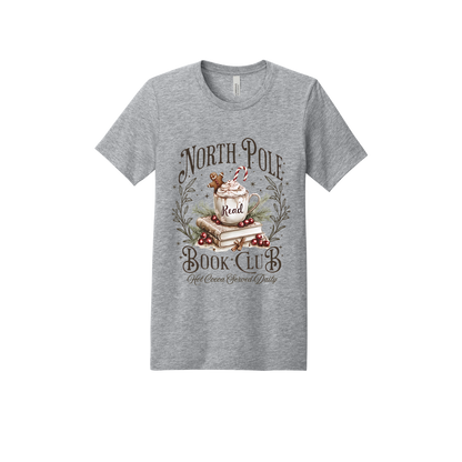 North Pole Book Club Apparel design on adult tee in gray, front view.