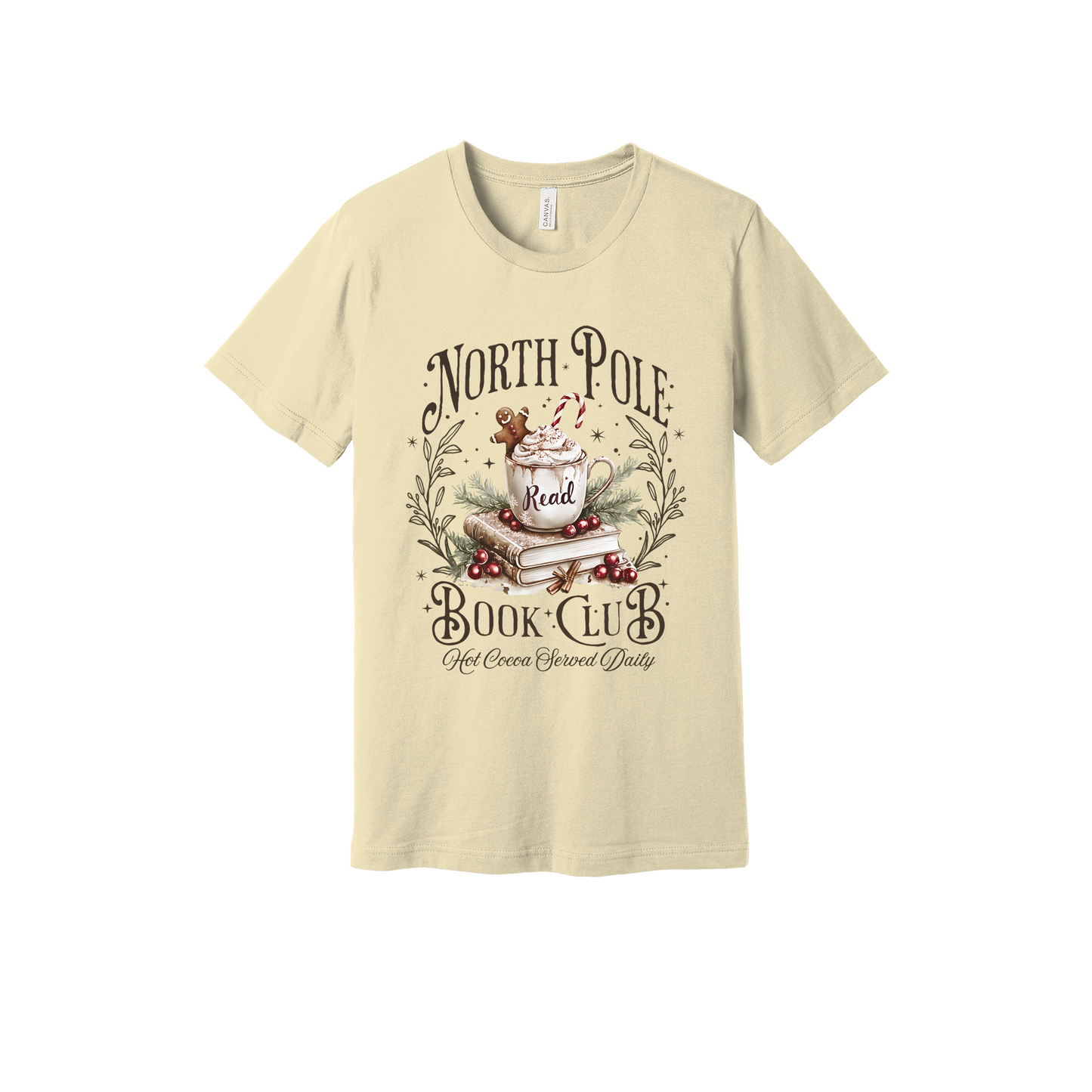 North Pole Book Club Apparel design on adult tee in tan, front view.