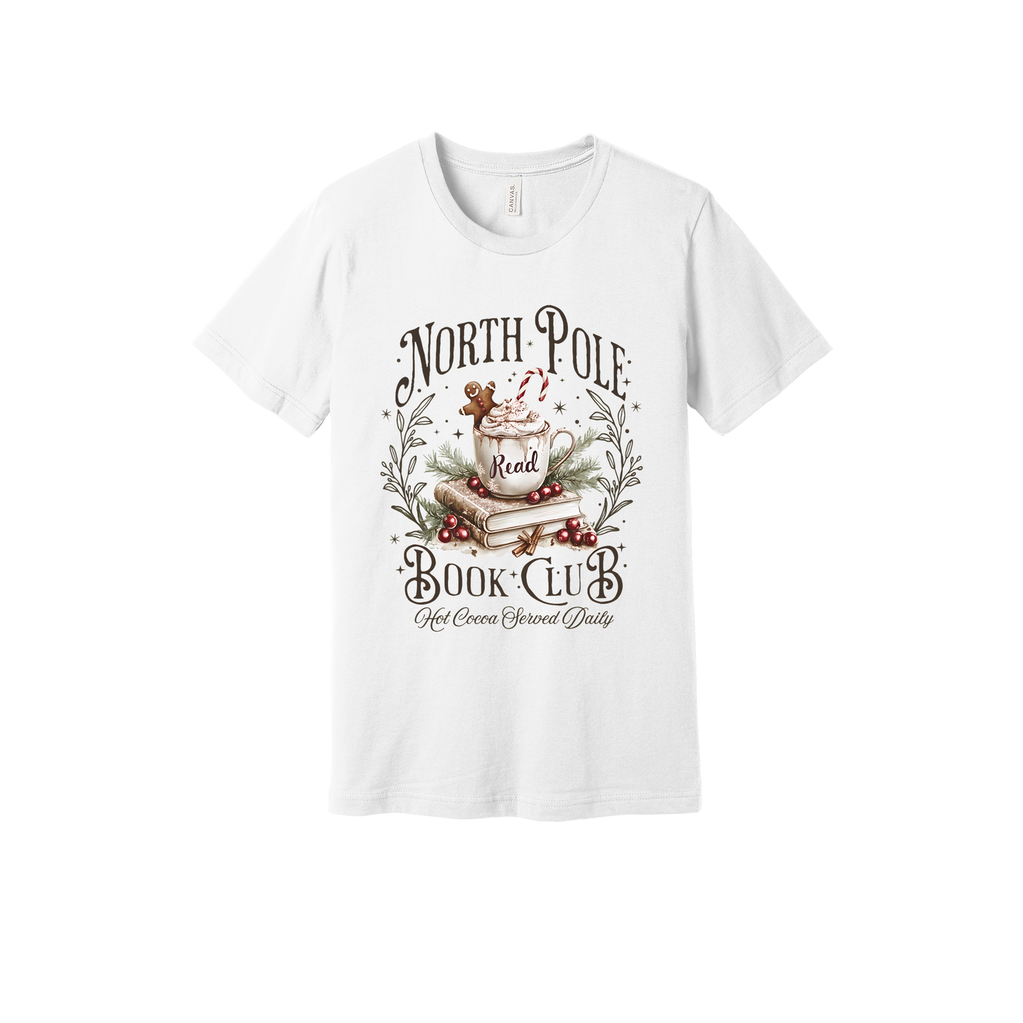 North Pole Book Club Apparel design on adult tee in white, front view.