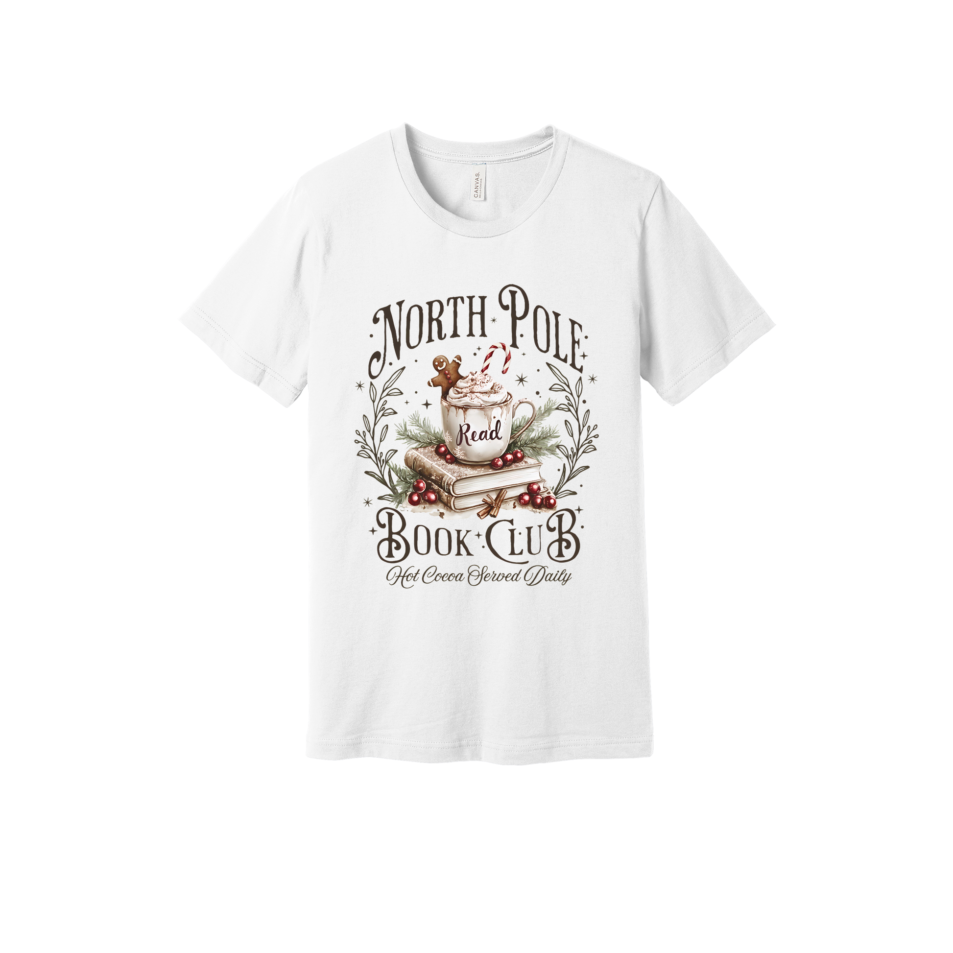 North Pole Book Club Apparel design on adult tee in white, front view.