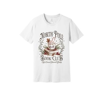 North Pole Book Club Apparel design on adult tee in white, front view.