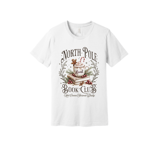 North Pole Book Club Apparel design on adult tee in white, front view.