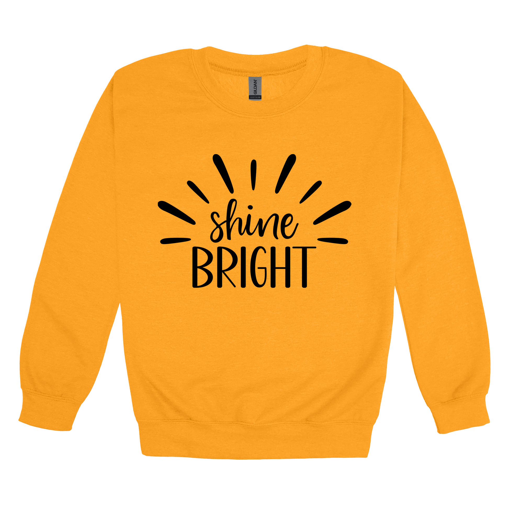 Shine Bright Apparel design on adult crewneck in yellow gold, front view.