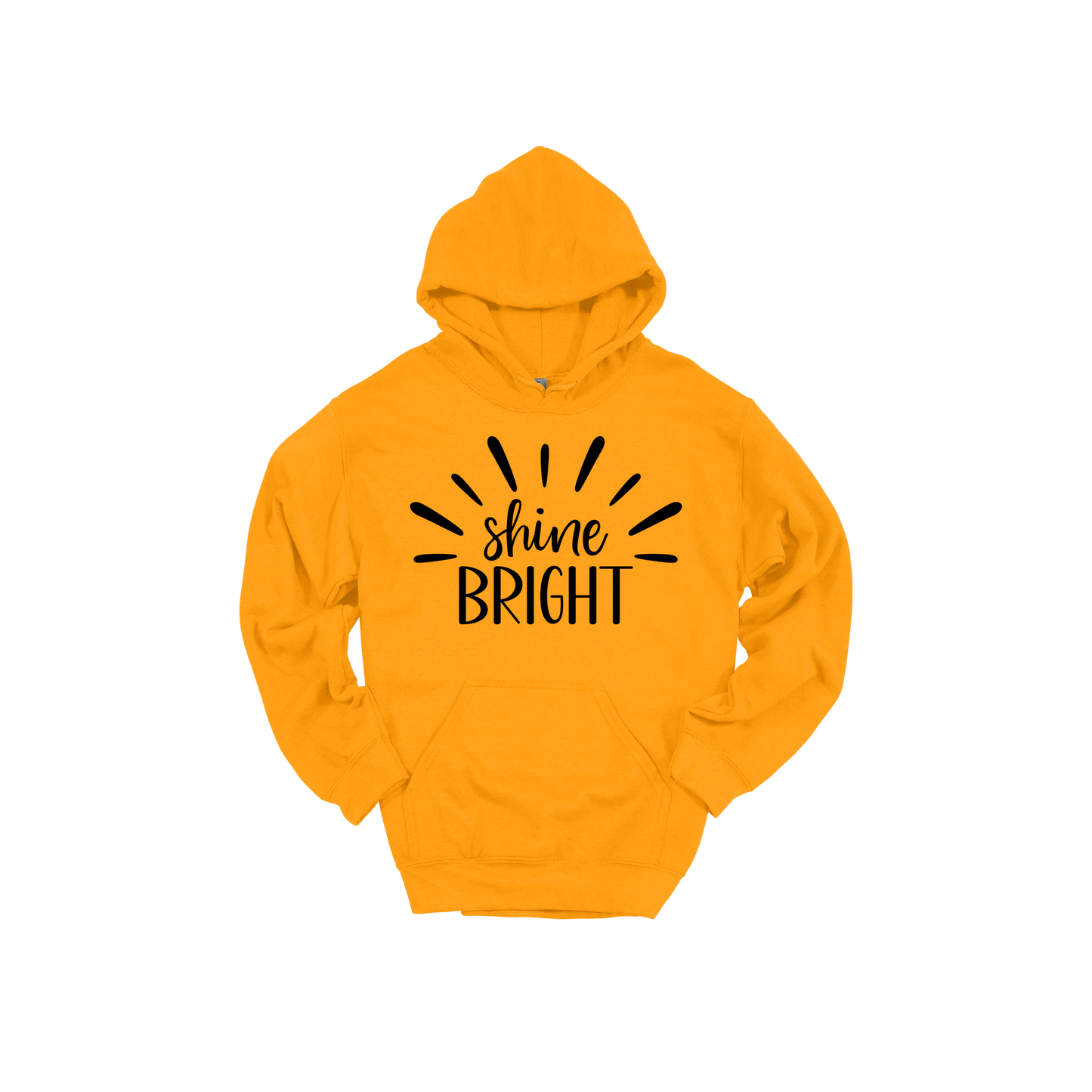 Shine Bright Apparel design on adult hoodie in yellow gold, front view.