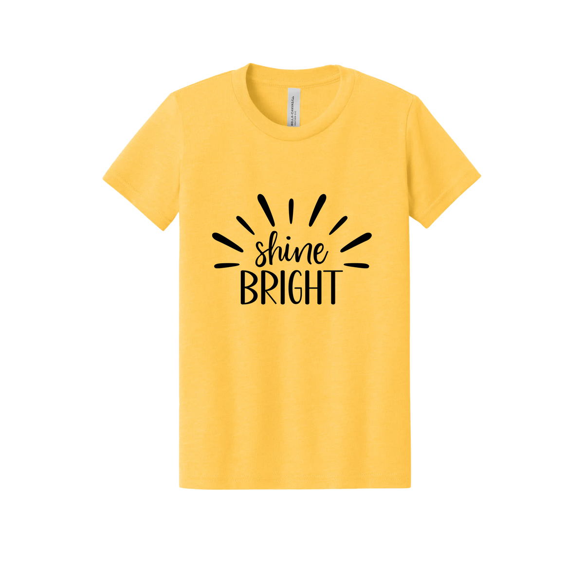 Shine Bright Apparel design on toddler tee in yellow gold, front view.