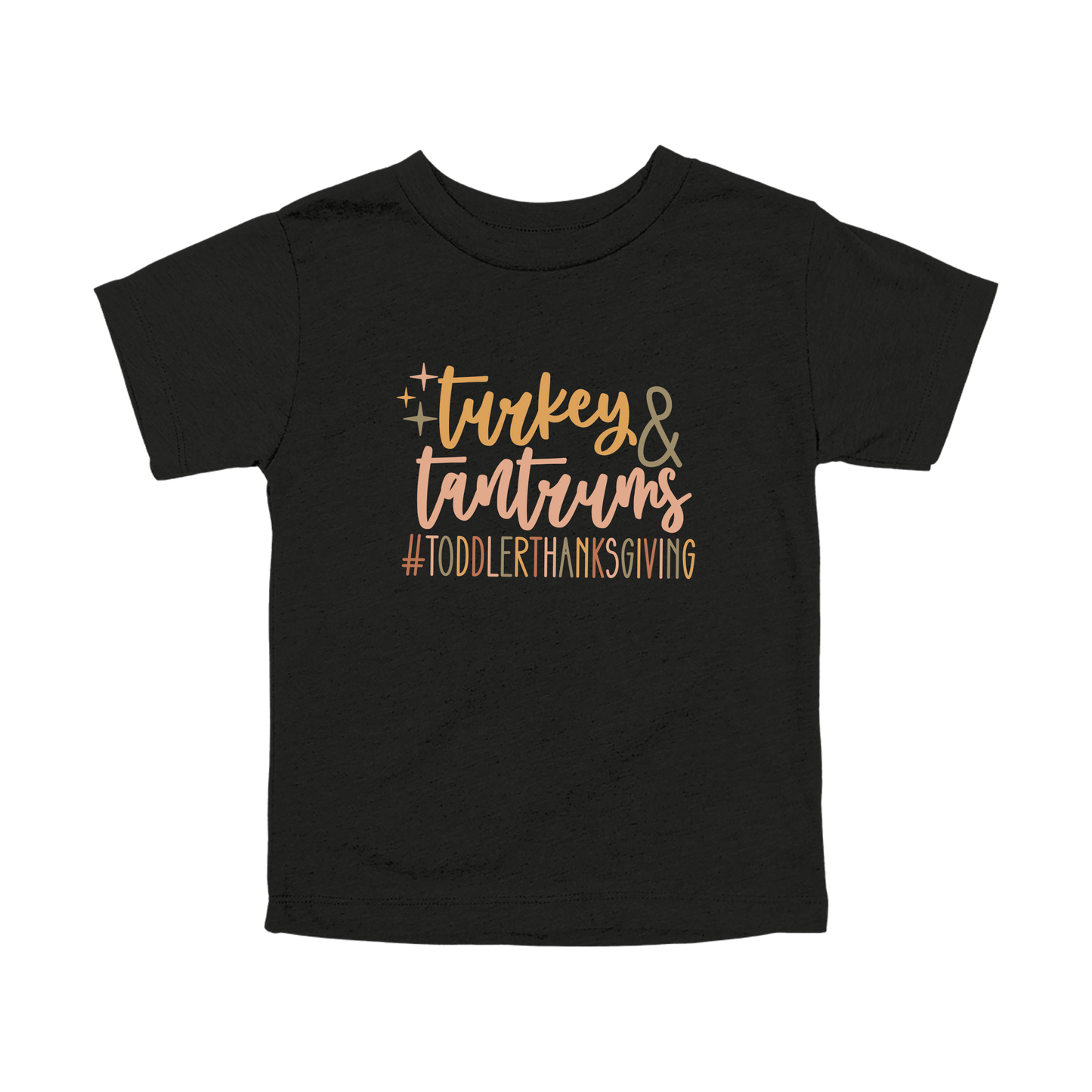 Turkey and Tantrums Apparel design on toddler tee in black, front view.
