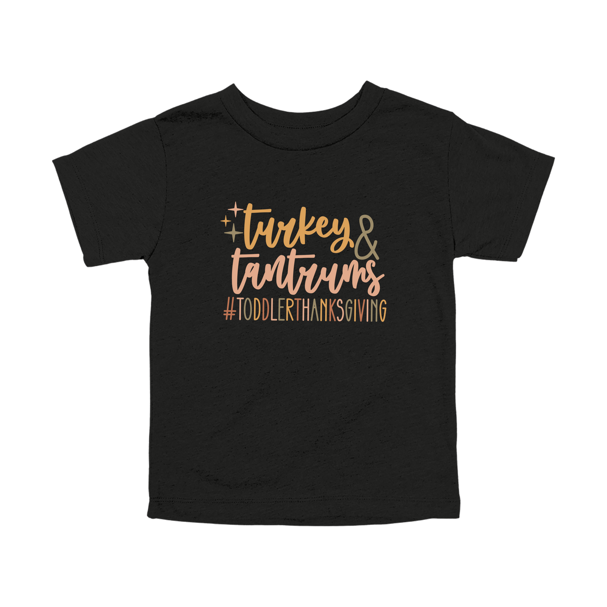 Turkey and Tantrums Apparel design on toddler tee in black, front view.
