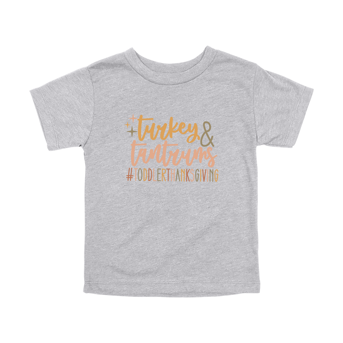 Turkey and Tantrums Apparel design on toddler tee in gray, front view.