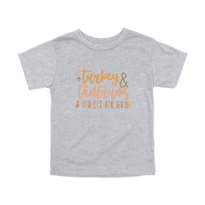Turkey and Tantrums Apparel design on toddler tee in gray, front view.