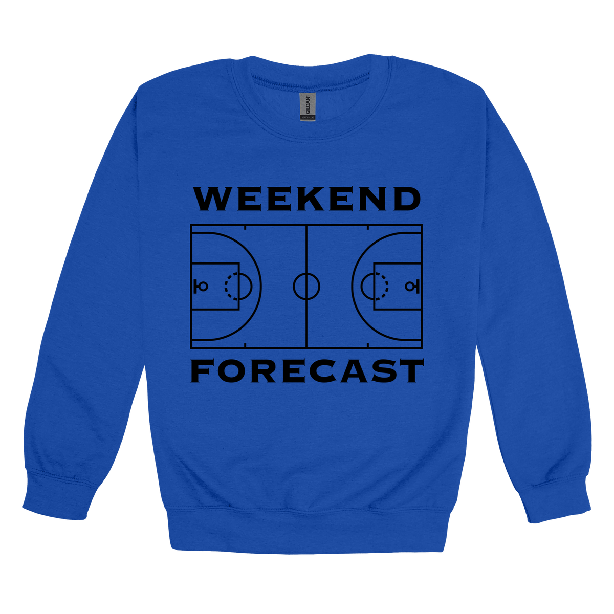 Weekend Forecast Apparel design on adult crewneck in blue, front view.