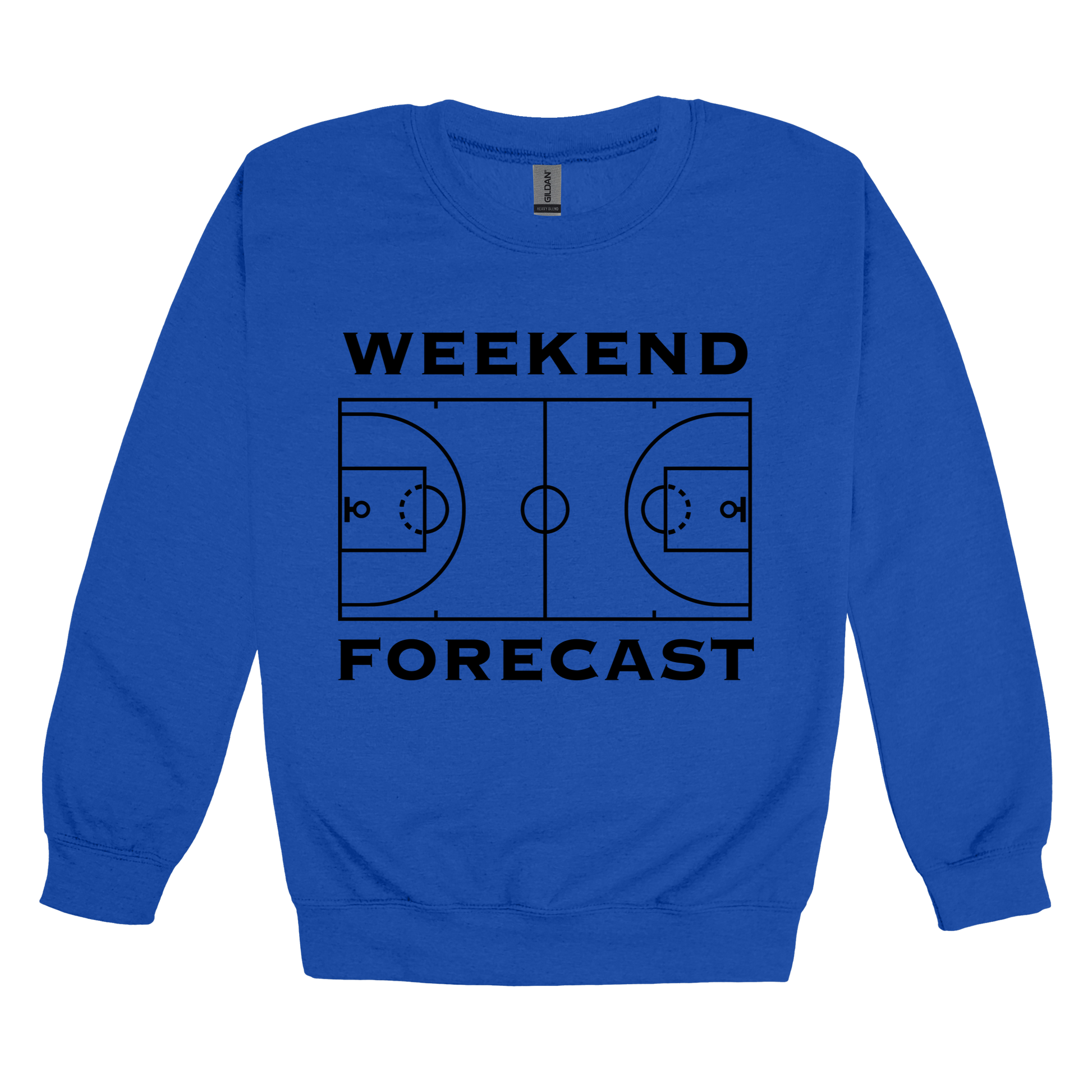 Weekend Forecast Apparel design on adult crewneck in blue, front view.
