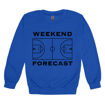 Weekend Forecast Apparel design on adult crewneck in blue, front view.
