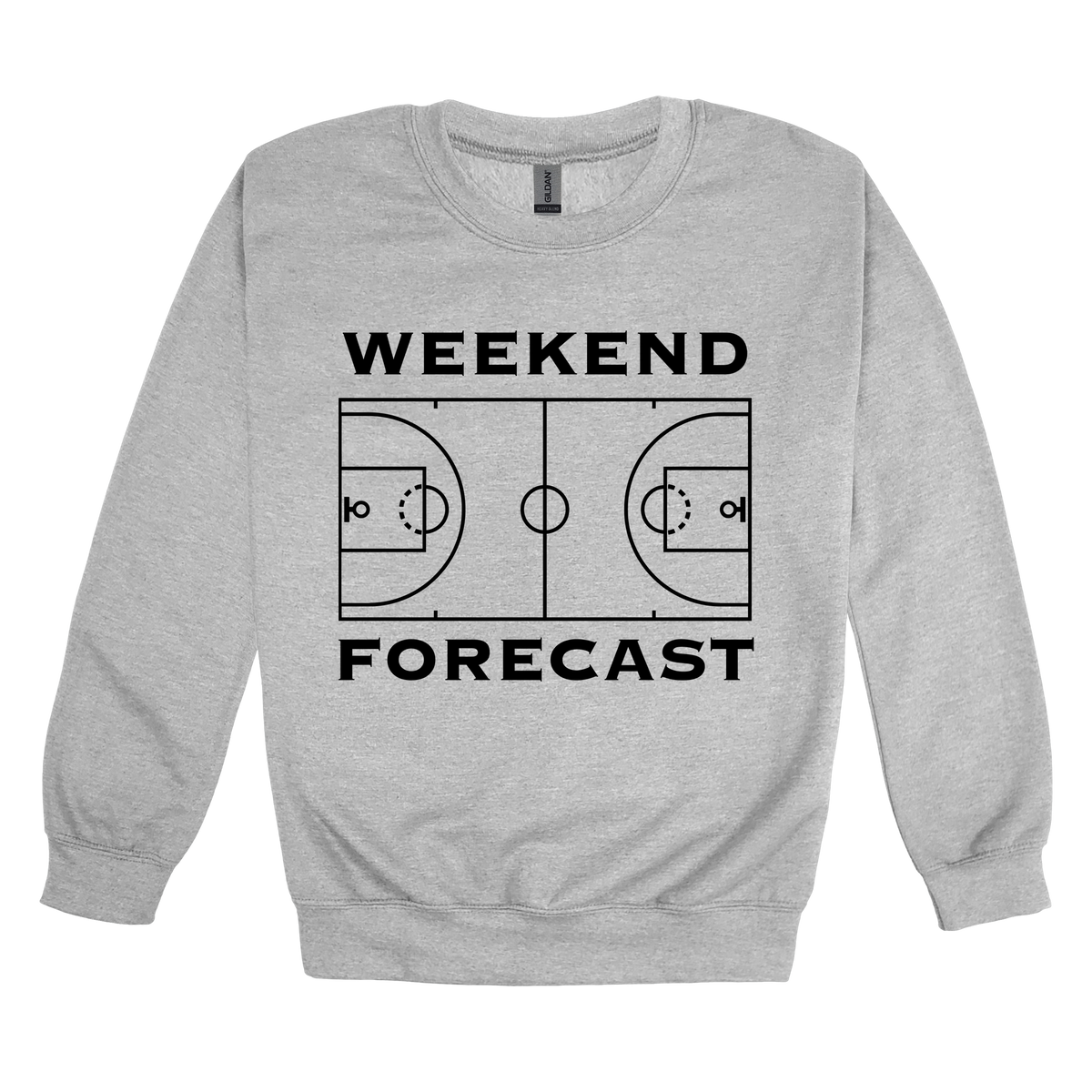 Weekend Forecast Apparel design on adult crewneck in gray, front view.
