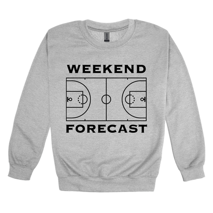 Weekend Forecast Apparel design on adult crewneck in gray, front view.
