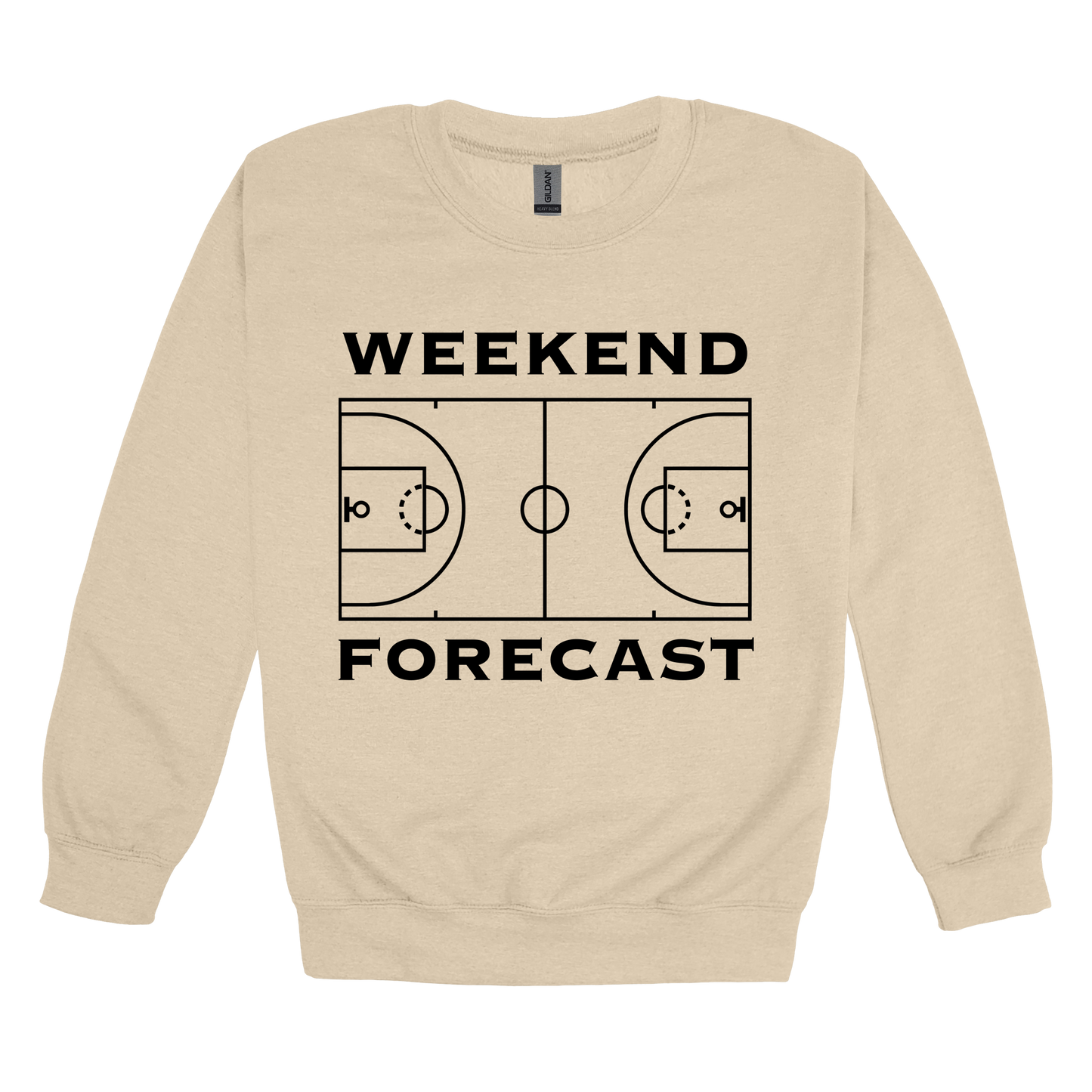 Weekend Forecast Apparel design on adult crewneck in tan, front view.