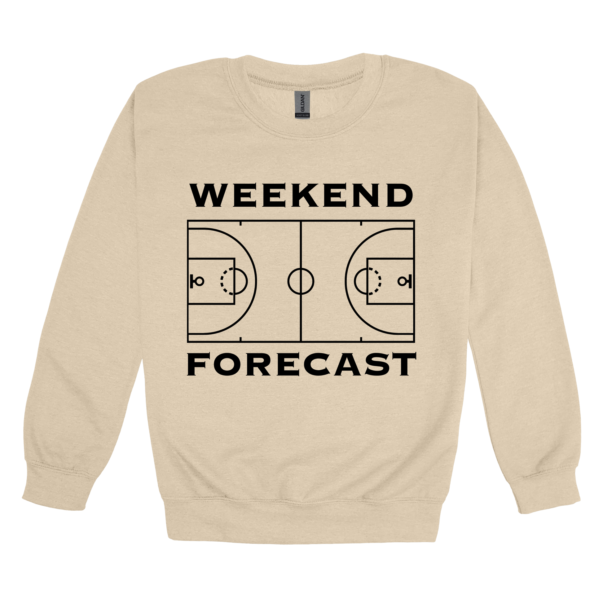 Weekend Forecast Apparel design on adult crewneck in tan, front view.