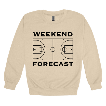 Weekend Forecast Apparel design on adult crewneck in tan, front view.